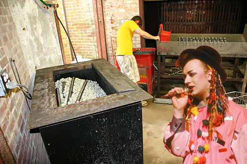 Boy George serenades Mikey while he tumbles some tubes.