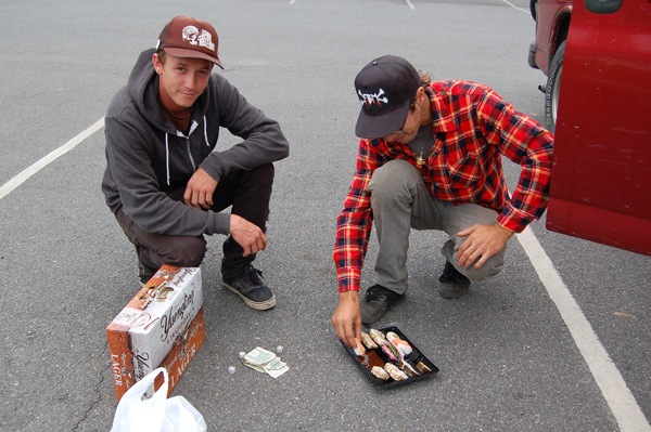 Evan and Steve D, sushi, yuengling, and parking lot C-lo