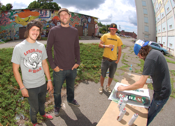 Garrett, Gilly, and Mark P. at Stew Johnson's Anthem tshirt factory