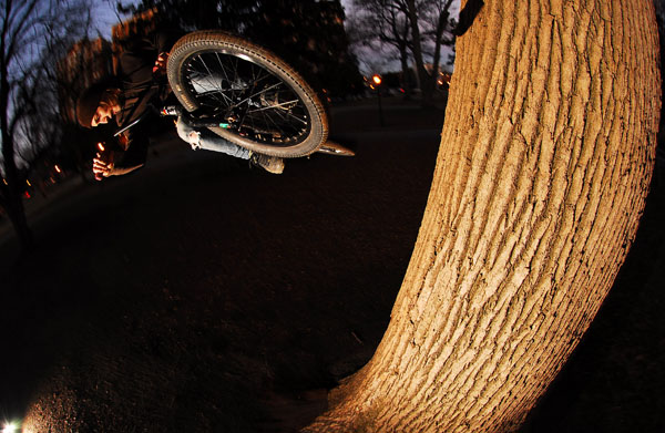 Mickey Marshall, fooling around on a tree ride, Bob pic.