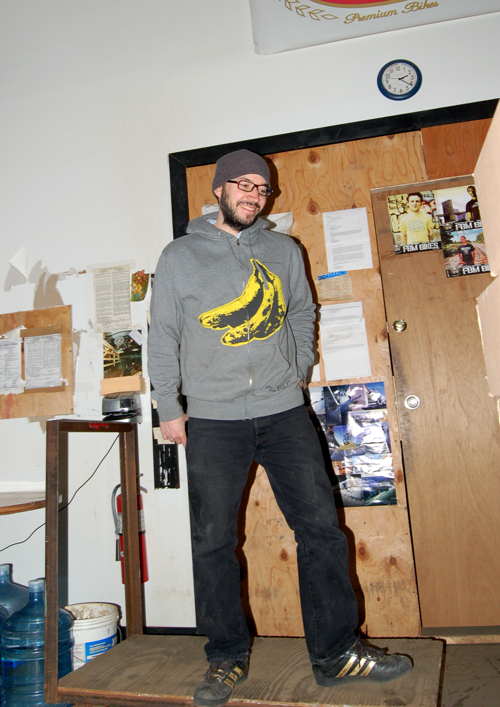 The infamous E-dog, skating the cart, and modelling the Warhol Hoody!